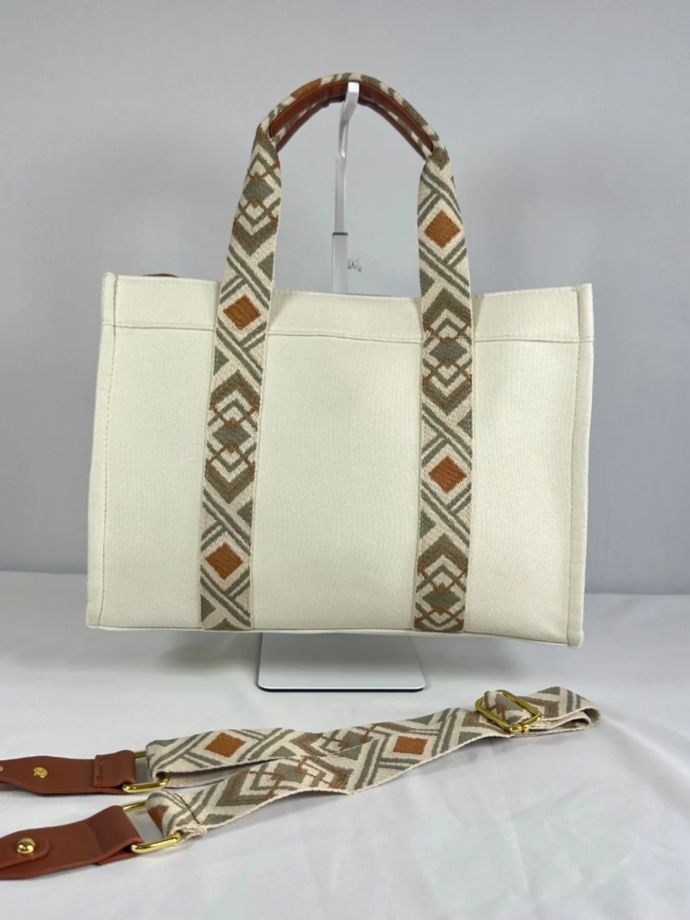Canvas Tote/Computer/Laptop Purse Bag Beige Brown Handles Shoulder Strap NWT